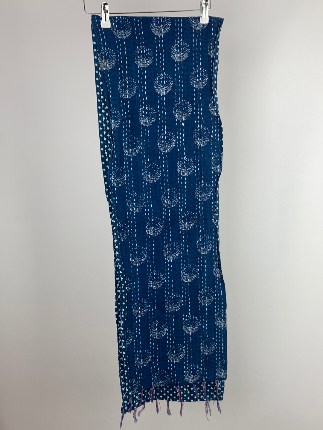 Indigo printed scarf with woven threads